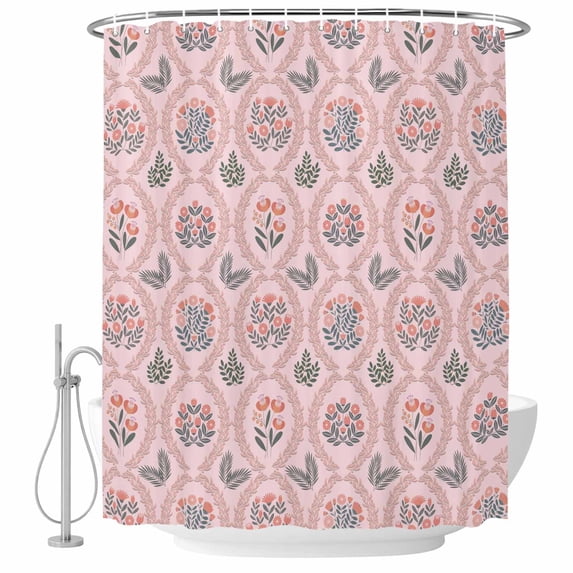 Vintage Flower Pattern Shower Curtain, Waterproof Shower Curtains for Bathroom, Spring Floral Leaves Plants Pink Washable Fabric Bathtub Curtain Set Bath Decor with 12 Hooks Extra Long 72"x96"