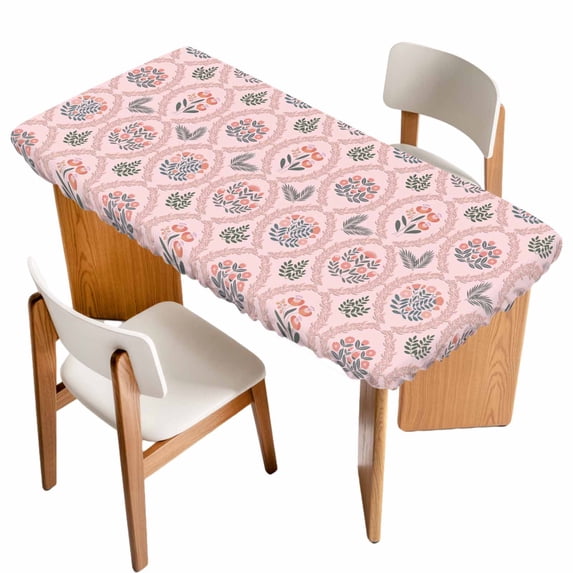 Vintage Flower Pattern Table Cloths for 3 Foot Rectangle Tables, Spring Floral Leaves Plants Pink Patio Waterproof Elastic Fitted Tablecloths, Washable Rectangular Table Cover for Camping