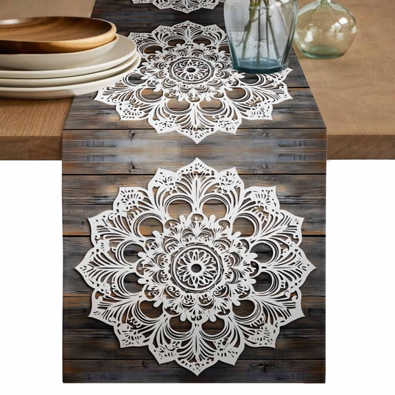 Vintage Flower Pattern Table Runner, Retro Black Wood Board Ethnic Style Cotton Linen Kitchen Table Decoration Washable Dining Tabletop Runners for Home Party Decor 13x120 Inches