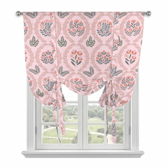 Vintage Flower Pattern Tie Up Curtains 45 Inches Long, Kitchen Window Curtains Over Sink, Spring Floral Leaves Plants Pink Small Window Curtains Shade Balloon Curtains Valances for Bedroom 34"x45"