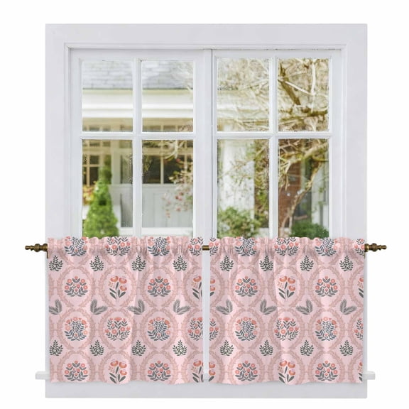 Vintage Flower Pattern Tier Curtains 24 Inch Length, Spring Floral Leaves Plants Pink Cafe Short Curtains for Bathroom Over Sink, Small Kitchen Curtain Light Filtering Drapes 2 Panels 27.5"Wx24"L