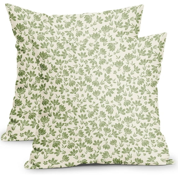 Vintage Flower Pillow Covers 16x16 Inch Set of 2 Sage Green and Cream Floral Outdoor Throw Pillow Covers Green Small Floral Print Rustic Farmhouse Pillowcases Cotton Linen Cushion Covers for Couch