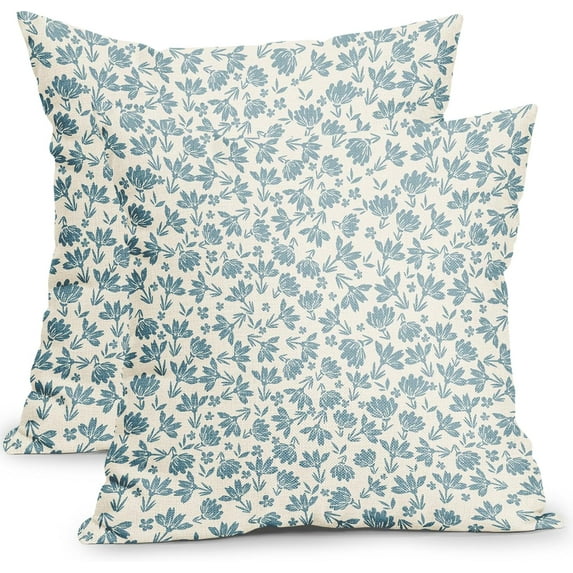 Vintage Flower Pillow Covers 16x16 Inch Set of 2 Smoke Blue and Cream Floral Outdoor Throw Pillow Covers Blue Small Floral Print Rustic Farmhouse Pillowcases Cotton Linen Cushion Covers for Couch