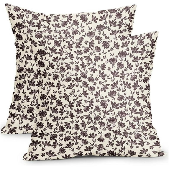 Vintage Flower Pillow Covers 18x18 Inch Set of 2 Brown and Cream Floral Outdoor Decorative Throw Pillows Brown Small Floral Print Rustic Farmhouse Pillowcases Cotton Linen Cushion Covers for Couch
