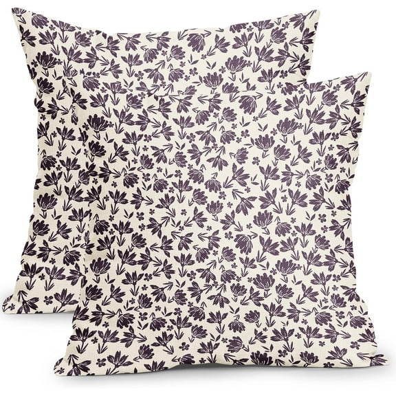 Vintage Flower Pillow Covers 18x18 Inch Set of 2 Purple and Cream Floral Outdoor Decorative Throw Pillows Purple Small Floral Print Rustic Farmhouse Pillowcases Cotton Linen Cushion Covers for Couch