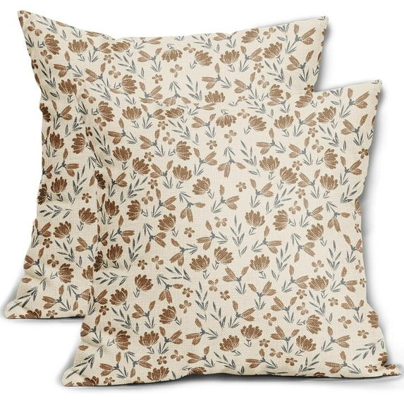 Vintage Flower Pillow Covers 18x18 Set of 2 Rustic Cute Small Floral Black Brown Old Style Decorative Throw Pillows Outdoor PillowCase Farmhouse Linen Cushion Case Decor for Home Sofa Couch Bed