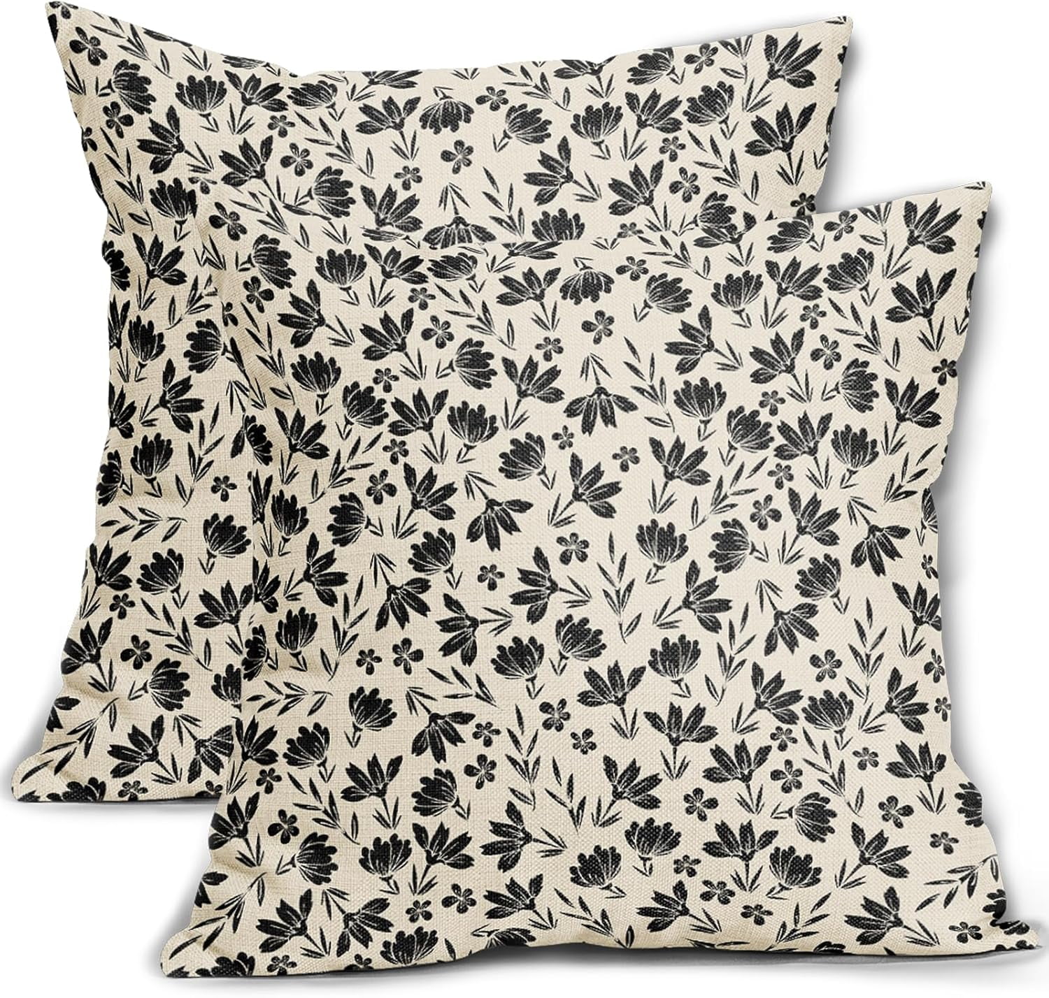 Vintage Flower Pillow Covers 18x18 Set of 2 Rustic Cute Small Floral Black Brown Old Style Decorative Throw Pillows Outdoor PillowCase Farmhouse Linen Cushion Case Decor for Home Sofa Couch Bed