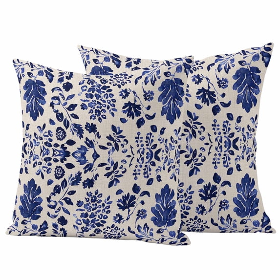 Vintage Flower Pillow Covers 2 Pack Spring Abstract Dark Blue Floral Leaf Pattern Linen Texture Pillowcase Waterproof Outdoor Throw Pillow Cover for Patio Garden Square Cushion 24”x24”