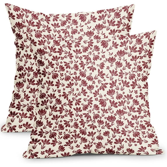 Vintage Flower Pillow Covers 20x20 Inch Set of 2 Wine Red and Cream Floral Outdoor Throw Pillow Covers Red Small Floral Print Rustic Farmhouse Pillowcases Cotton Linen Cushion Covers for Couch Decor