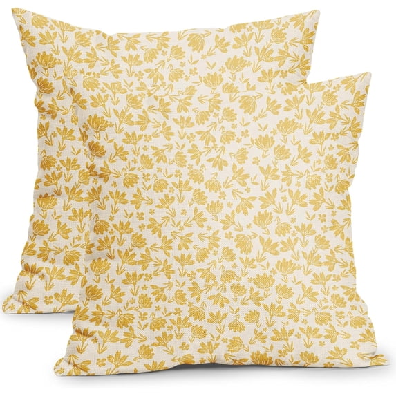 Vintage Flower Pillow Covers 20x20 Inch Set of 2 Yellow and Cream Floral Outdoor Throw Pillow Covers Cute Small Floral Print Rustic Farmhouse Pillowcases Cotton Linen Cushion Covers for Couch Decor