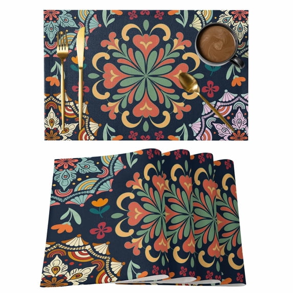 Vintage Flower Placemats Set of 12, Boho Abstract Colorful Ethnic Floral Placemats for Dining Table, Place Mats for Kitchen Tabletop, Waterproof Wipeable Dining Table Mats Set