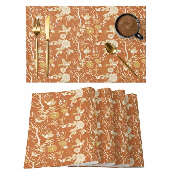 Vintage Flower Placemats Set of 8, Orange Bird Leaf Branch Botanical Tree Placemats for Dining Table, Place Mats for Kitchen Tabletop, Waterproof Wipeable Dining Table Mats Set