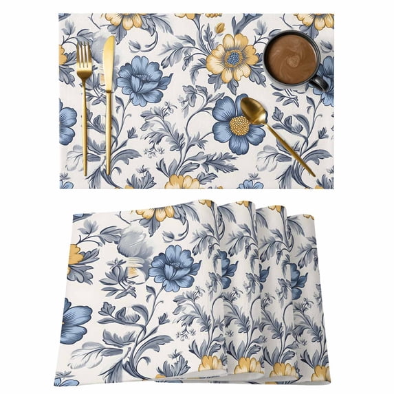 Vintage Flower Placemats Set of 12, Abstract Floral Non-Slip Place Mats Washable Table Mats for Kitchen Dining Table Decorations Indoor/Outdoor