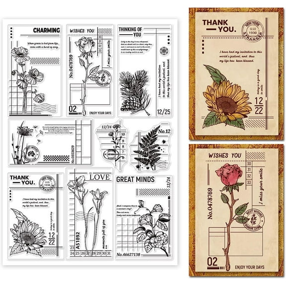 Vintage Flower Plants Background Clear Stamps Art Journal Silicone Transparent Seal Stamps for Card Making Scrapbooking 11.7x8.27inch Mixed Color