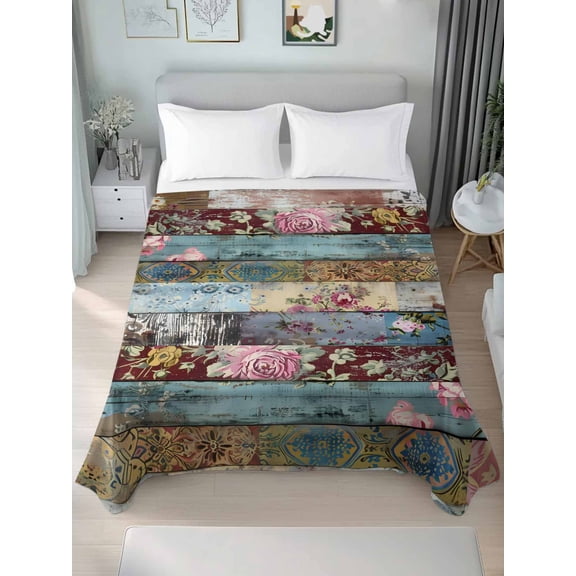 Vintage Flower Queen Size Flat Sheet, Wrinkleproof & Fadeproof Cooling Flat Bed Sheet Only, Retro Botanical Floral Wooden Breathable Soft Bedding Top Sheets 90 x 102 Inches