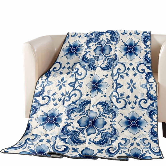 Vintage Flower Quilted Comforters Cooling Blanket California King Size, Greek Cobalt Blue Mandalas Floral Tile Texture Cold Comfort for Hot Sleepers Lightweight Air Conditioning Quilt Blanket for Bed