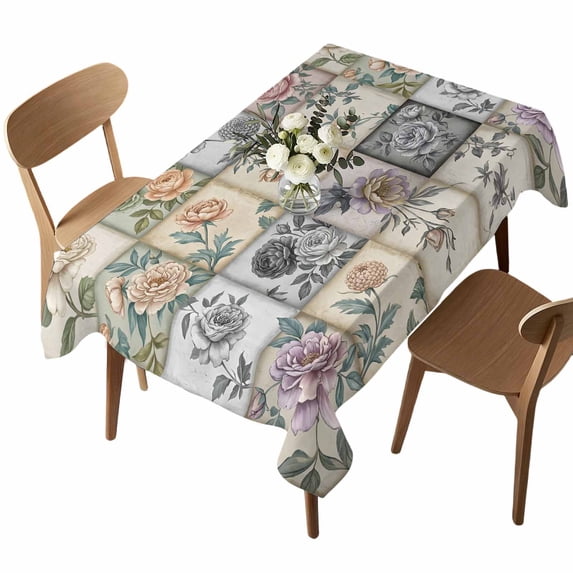 Vintage Flower Rectangle Tablecloth Gray Pink Orange Rose Floral Plaid Country Waterproof Wrinkle Free Soft Table Cloth Spill-Proof Washable Table Cover for Dining Party Picnic 60 x 102 Inch