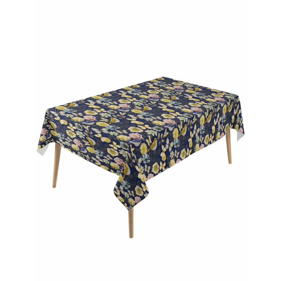 Vintage Flower Rectangle Tablecloth, Yellow Spring Floral Leaf Pastoral Birds Navy Blue Waterproof & StainResistant Tablecloth, Washable Oil-proof Table Cover for Dining/Party/Wedding 54x108 In