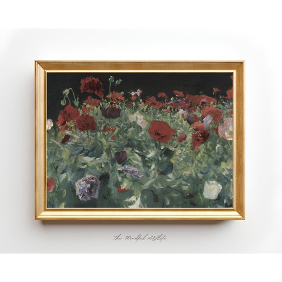 Vintage Flower Red Field Garden Meadow Rustic Country Wall Art, Stretched Canvas Size 12x18