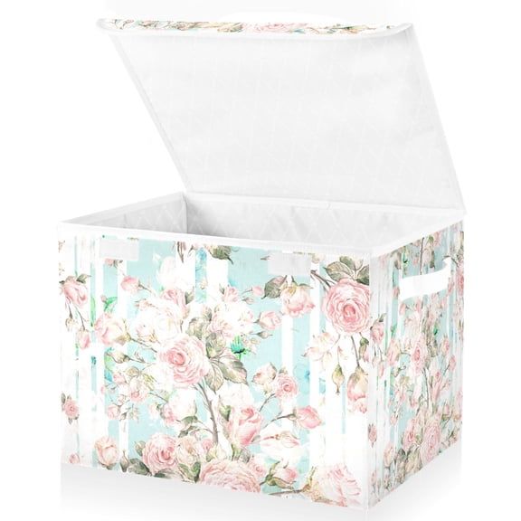 Vintage Flower Rose Stripe Large Lidded Storage Bin Foldable Storage Boxes Cubes Baskets Lids with 2 Handles for Home Bedroom Office 16.5x12.6x11.8inch