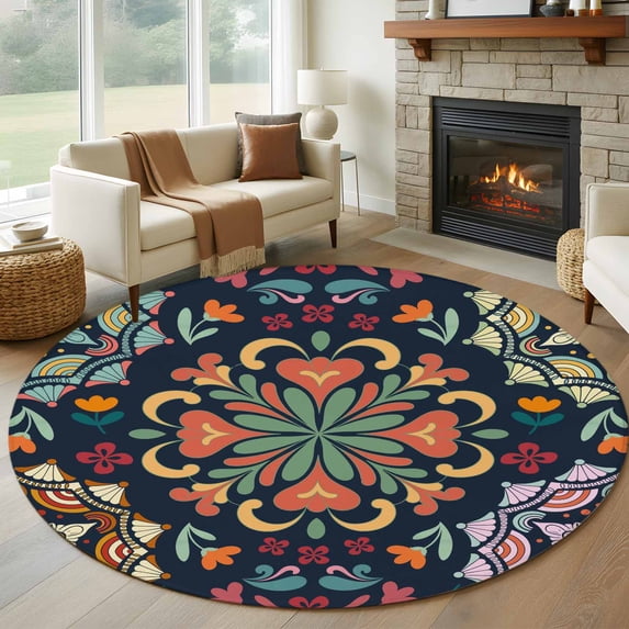 Vintage Flower Round Area Rug 7 FT, Non Slip Living Room Area Carpet, Boho Abstract Colorful Ethnic Floral Washable Soft Circular Rug Non-Shedding Floor Carpet for Bedside Office Play Room Classroom