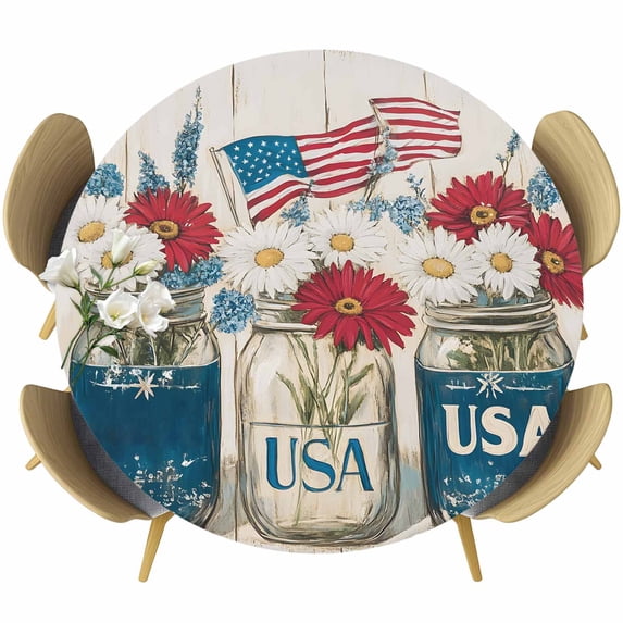 Vintage Flower Round Tablecloth 55-60 Inch Round Fitted Table Cloth with Elastic Edge, Independence Day American Flag Daisy Waterproof Table Cover Protector for Outdoor Picnic Party Dining