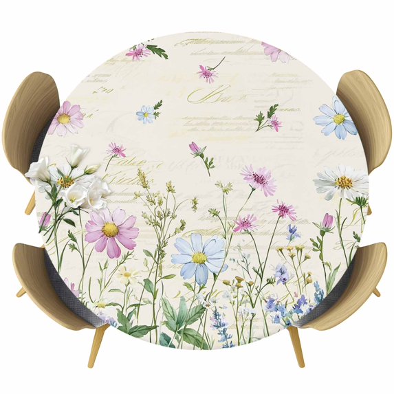 Vintage Flower Round Tablecloth, Fitted Table Cover with Elastic for 36"-44" Round Tables, Botanical Wildflower Plant Country Daisy Table Cloth Outdoor Indoor Dinning Party Waterproof Tablecloths