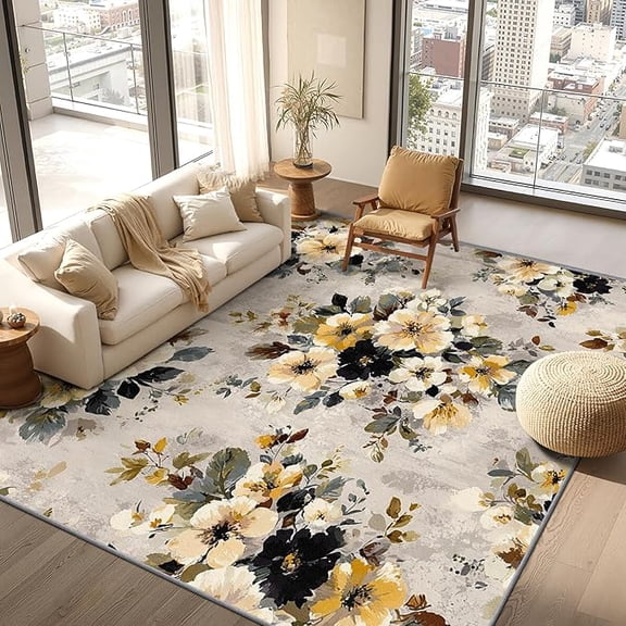 Vintage Flower Rugs for Living Room - Shabby Chic Floral Rug, Yellow Black Flower Area Rug, Botanical Cottage Core Washable Door Mat for Entryway, Kitchen 1x2ft