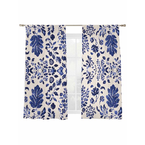Vintage Flower Sheer Curtains 2 Panels Set Spring Abstract Dark Blue Floral Leaf Pattern Linen Texture Sheer Window Curtains Light Filtering Rod Pocket Voile Drapes for Bedroom Living Room 52"x63"