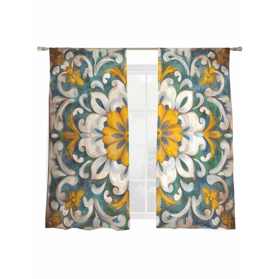 Vintage Flower Sheer Curtains 2 Panels Set White Pattern Yellow Flower Abstract Sheer Window Curtains Light Filtering Rod Pocket Voile Drapes for Bedroom Living Room 52"x63"