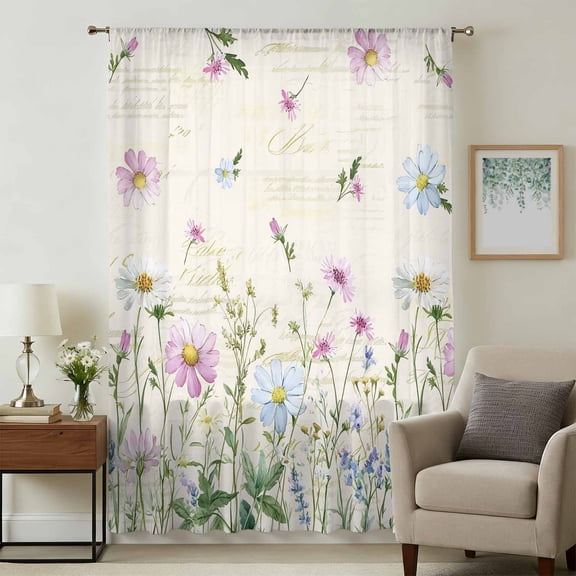 Vintage Flower Sheer Curtains 45 Inches Long, Botanical Wildflower Plant Country Daisy Light Filering Curtains, Breathable Simi Curtain Privacy Drapes for Kitchen Bathroom Small Window Treatment