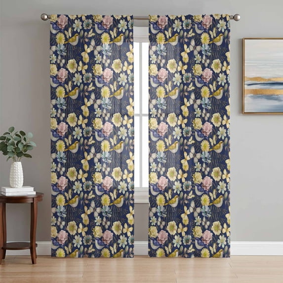 Vintage Flower Sheer Curtains 96 Inch Length 2 Panels Set Window Treatments, Yellow Spring Floral Leaf Pastoral Birds Navy Blue Rod Pocket Semi Curtains for Living Room/Bedroom/Kitchen, 104"W x 96"L