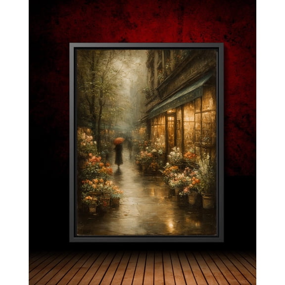 Vintage Flower Shop Rainy Street Poster Gothic Dark Academia Wall Art, Paris Flower Shop Artwork, Romantic Autumn Cityscape Home Decor, Stretched Canvas Size 16x24