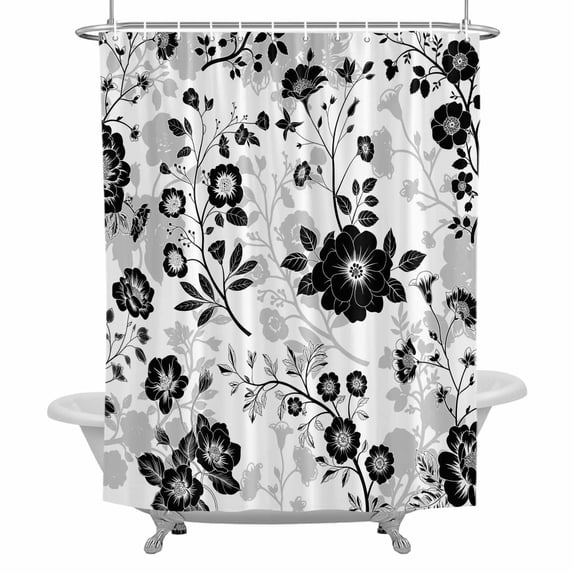 Vintage Flower Shower Curtain for Bathroom, Black Gray Flower Leaf Abstract Art Waterproof Cloth Fabric Bathroom Accessories Set with 12 Rust Proof Plastic Hooks, 66"x72"