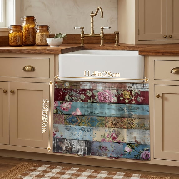 Vintage Flower Small Cabinet Curtains 10"W x 11"L, Retro Botanical Floral Wooden Sink Skirt Dust-Proof Short Curtain for Bathroom Vanity Storage Cubby Desk, Self Adhesive Privacy Drapes