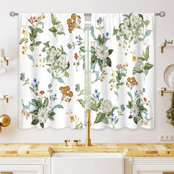 Vintage Flower Small Kitchen Curtains Green Plant Leaf Window Treatment Rustic Floral Rod Pocket Cafe Short Window Curtains for Bathroom Dining Room Botanical Tier Treatment Drape 27.5x39 inch