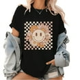 thumbnail image 1 of Vintage Flower Smiley Tee - Checkered Happy Face Graphic T-Shirt, Women's Retro Casual Summer Tops, 1 of 5