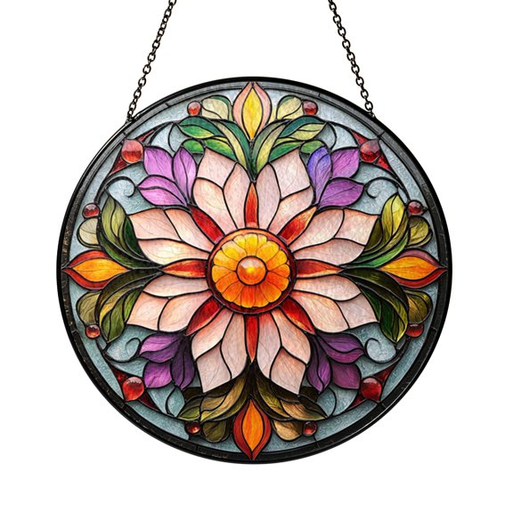 Vintage Flower Stained Glass Suncatcher – Circle Window Hanging for Home Decor