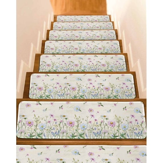 Vintage Flower Stair Treads for Wooden Steps Indoor Runner Rug Carpet, Botanical Wildflower Plant Country Daisy 10 Pieces Peel and Stick Staircase Step Treads Covers Washable Throw Door Mats, 30"x8"