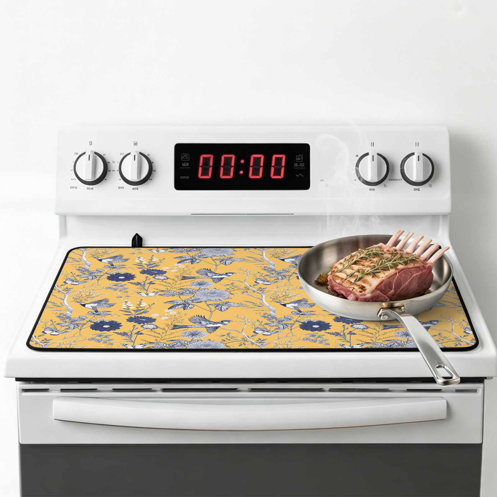 Vintage Flower Stove Top Cover for Electric Stove, Heat-proof & Non Slip Glass Top Stove Cover Protector, Country Bird Garden Butterfly Yellow Kitchen Flat Cooktop Rubber Mat 28.5x20.5 Inches