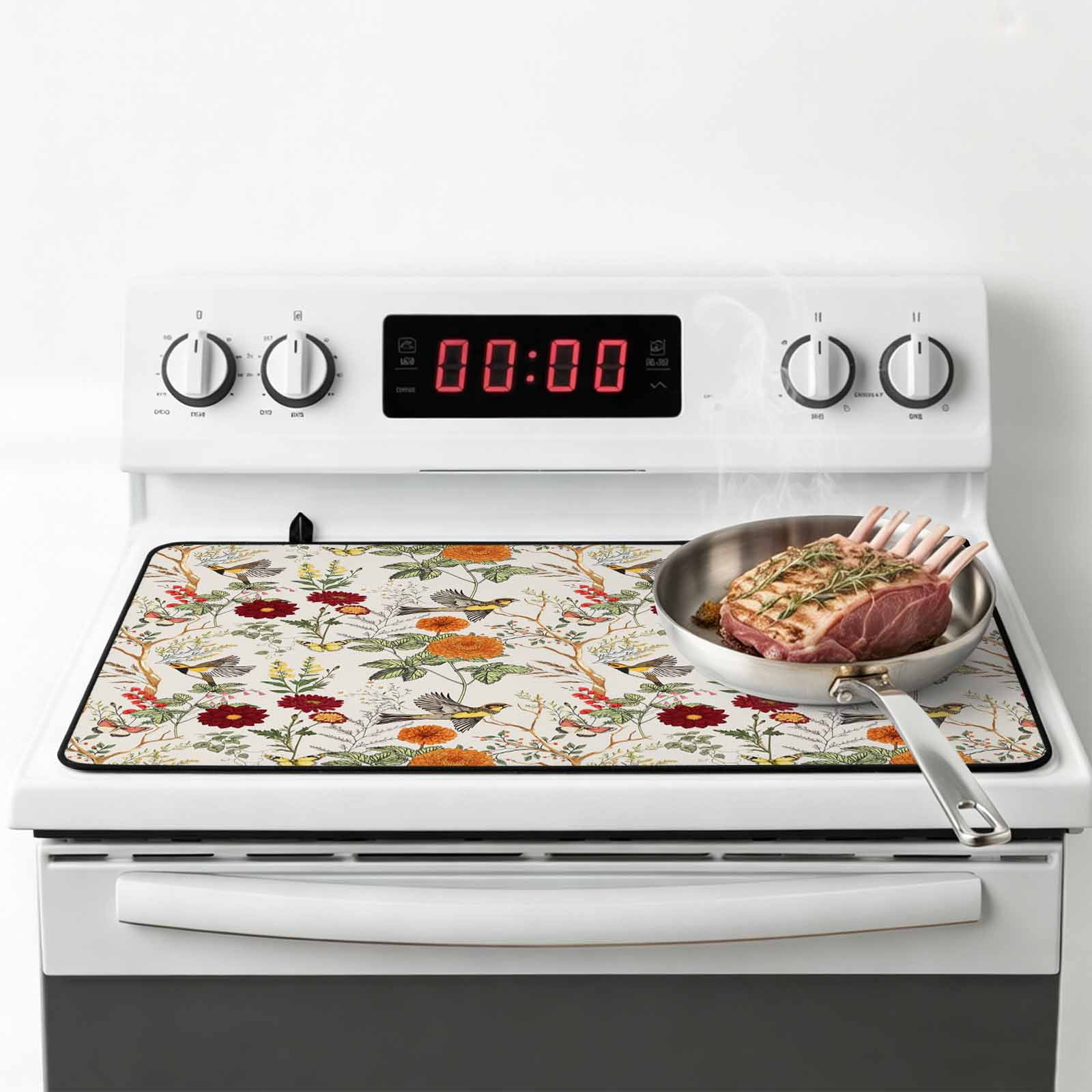 Vintage Flower Stove Top Cover for Electric Stove, Heat-proof & Non Slip Glass Top Stove Cover Protector, Farmhouse Bird Butterfly Red Floral Kitchen Flat Cooktop Rubber Mat 24x21 Inches