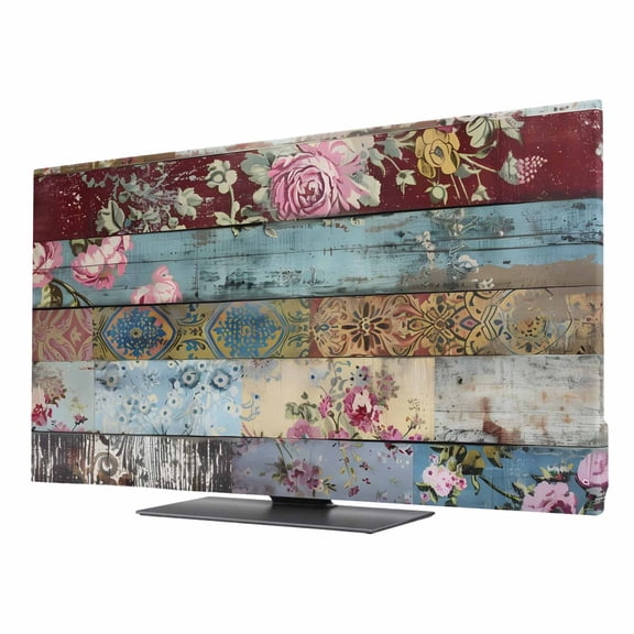 Vintage Flower TV Cover for 40 Inch Screen, Stretch Fabric Dustproof TV Display Protector, Retro Botanical Floral Wooden Elastic Slipcover Monitor Cover for Indoor Desktop Computer 34.9"x19.6"