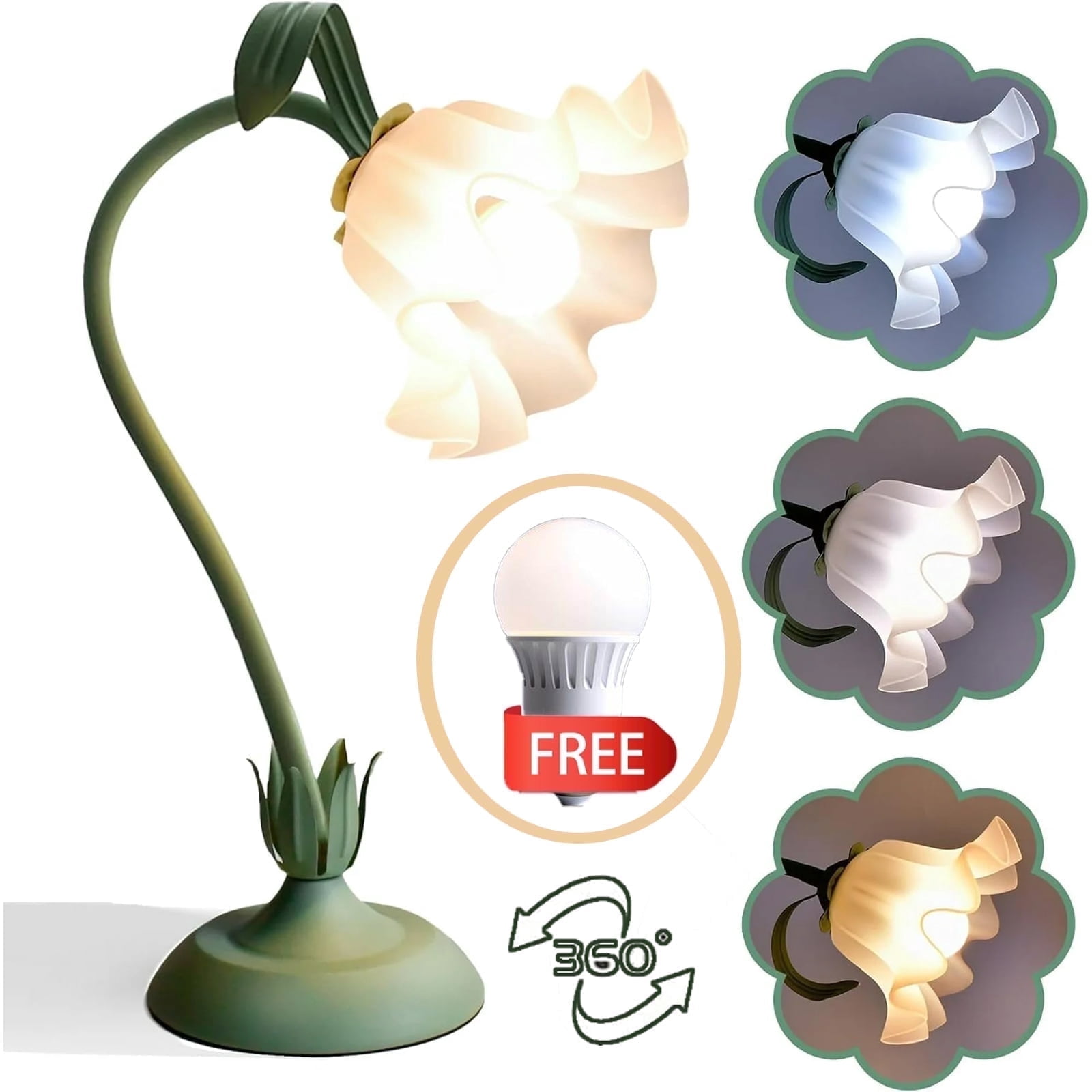 SunshineFace Vintage Flower Table Lamp, 3 Color Temperature Cute Flower Bedside Lamp with 26E Bulb, Gooseneck Nightstand Lamp for Bedroom Living Room Office Reading Decor, Green