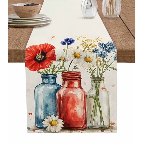 Vintage Flower Table Runner Cotton Linen 120 Inch Holiday Dresser Scarves, Red Blue Bottle Floral Country Plant Tablerunner for Kitchen Coffee Dining Bedroom Dinner Scarf Décor 13''x120''