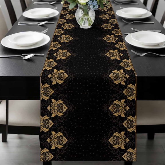 Vintage Flower Table Runner, Gold Floral Lace on Black Geometric Texture Farmhouse Washable Cotton-linen Table Runners Dining Kitchen Decoration for Everyday Home Wedding Party Decor, 13 x 36 Inch