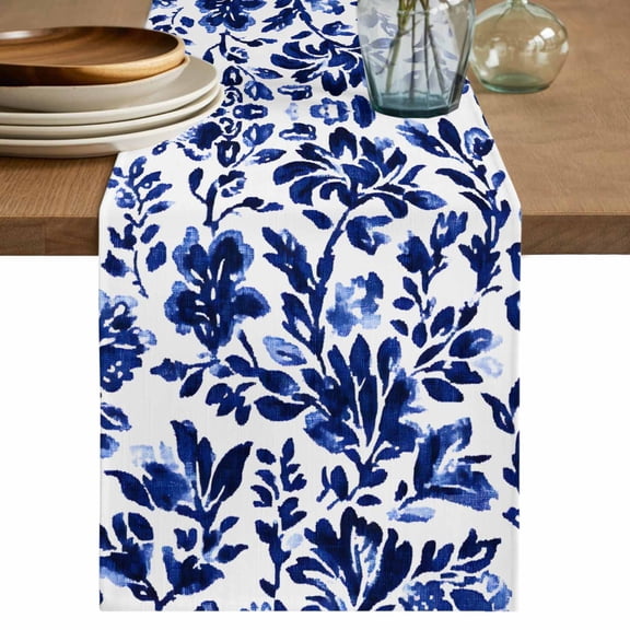 Vintage Flower Table Runner, Spring Abstract Dark Blue Floral Pattern Retro Cotton Linen Kitchen Table Decoration Washable Dining Tabletop Runners for Home Party Decor 13x60 Inches