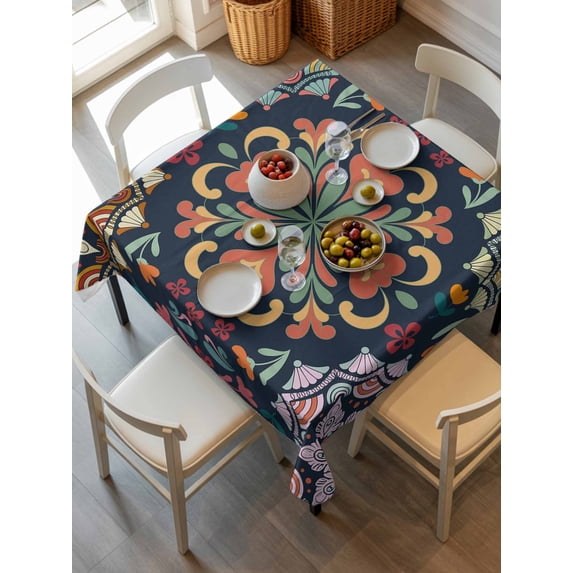 Vintage Flower Tablecloth Square Table Cloth 60x60,Waterproof Outdoor Table Cloth Covers Decorative Table Protector,Boho Abstract Colorful Ethnic Floral Washable Table Cover for Kitchen Dinning Party