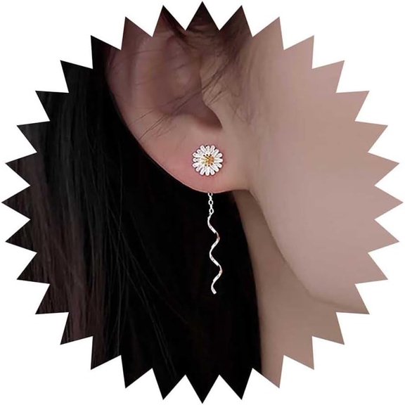 Vintage Flower Threader Earrings Silver Daisy Flower Earrings Daisy Floral Drop Earrings Sunflower Ear Threader Earrings Floral Thread Through Earrings Jewelry for Women