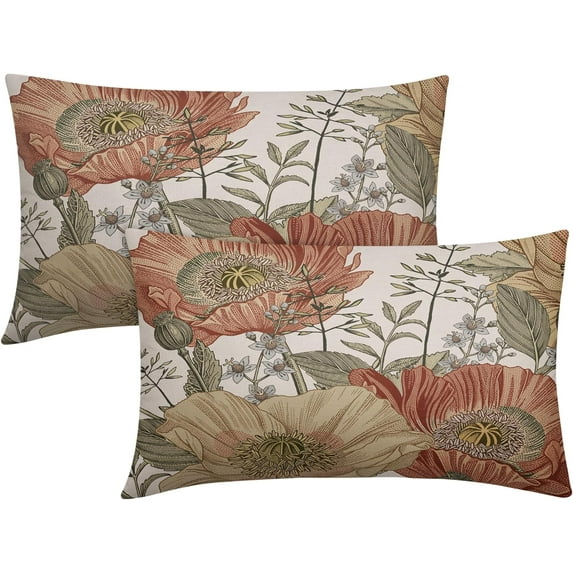 Vintage Flower Throw Pillow Covers 12x20 Brown Rust Colored Floral Botanical Pattern Decorative Lumbar Pillows Outdoor Linen Farmhouse Cushion Case Country Pillowcase for Sofa Bed Room Decor Set of 2