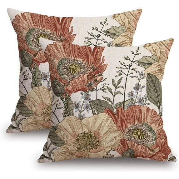 Vintage Flower Throw Pillow Covers Brown Rust Colored Floral Botanical Pattern Decorative Pillows Outdoor Farmhouse Cushion Case Country Pillowcase for Sofa Bed Room Decor Set of 2